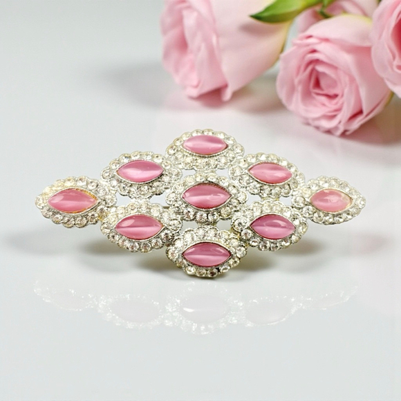 Unbranded Jewelry - Vintage 1940s Art Deco Pink Moonglow Glass Rhinestone Clear Crystal Brooch.